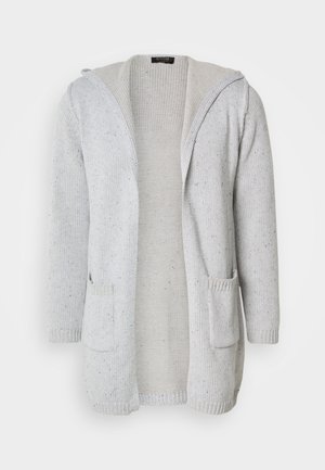 Cardigan grigio chiaro con cappuccio, aperto sul davanti e due tasche frontali. Materiale a maglia testurizzato con leggeri puntini sparsi.