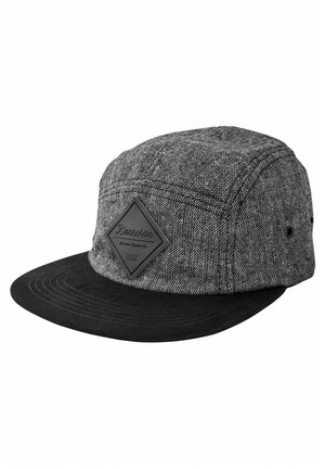 Gray fabric cap with a black brim, featuring a textured pattern and a diamond-shaped black leather patch logo on the front.