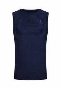 Marineblaues ärmelloses Sportshirt mit horizontalen Streifen auf der Brust, runder Ausschnitt und einem weichen, strukturierten Stoff für zusätzlichen Komfort.