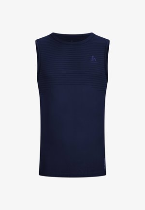 Navy sleeveless athletic shirt with horizontal stripes on the chest, round neckline, and a soft, textured fabric for comfort.
