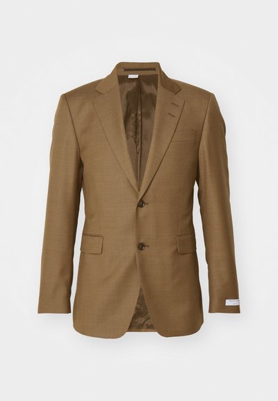 Καφέ σακάκι με υφή και πέτα, δύο μπροστινές τσέπες, δύο κουμπιά και λεία δόμηση εσωτερικά. Ραμμένο σε εφαρμοστή γραμμή και μοντέρνος σχεδιασμός.