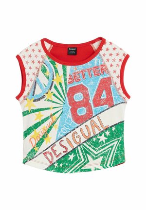 Crop top senza maniche con rifinitura rossa, con stelle colorate, grande "84" rosso e testo "Desigual" in design grafico verde, blu e giallo.