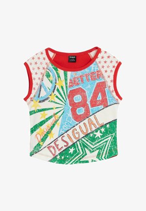 Crop top senza maniche con rifinitura rossa, con stelle colorate, grande "84" rosso e testo "Desigual" in design grafico verde, blu e giallo.