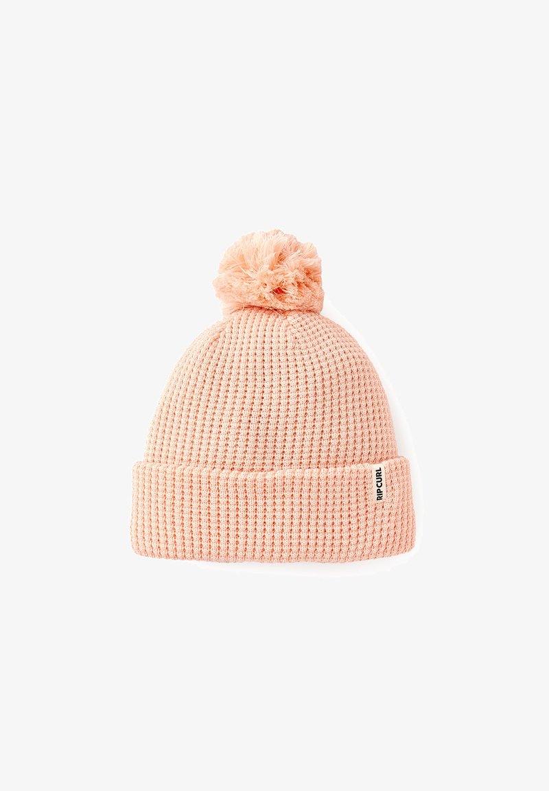 Dziany beret w jasnoróżowym kolorze z teksturowanym prążkowanym wzorem, z puszystym pomponem na szczycie i tkanym logo na mankiecie.