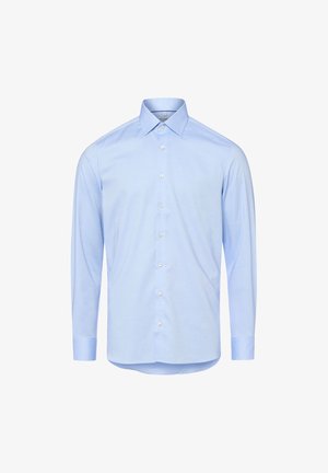 Camicia button-up azzurro chiaro con maniche lunghe, colletto classico e taglio dritto. Presenta un tessuto testurizzato e bottoni bianchi.