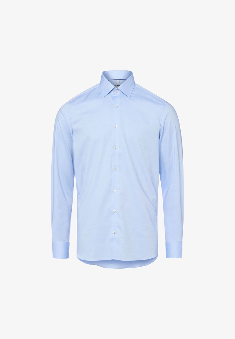 Camicia button-up azzurro chiaro con maniche lunghe, colletto classico e taglio dritto. Presenta un tessuto testurizzato e bottoni bianchi.