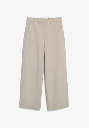 Beige broek met wijde pijpen, voorzakken, ceintuurlussen en een verborgen voorzijde sluiting, getoond op een witte achtergrond.