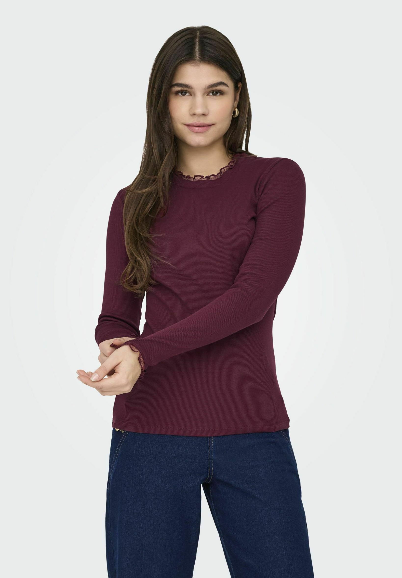 ONLY Damen Onlelina Langarmshirt – Cropped, Gestreift, Rundhals