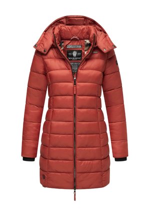 Red padded coat with a zipper front, high collar, detachable hood, elastic cuffs, and printed lining. Features a sleek, slim fit design.