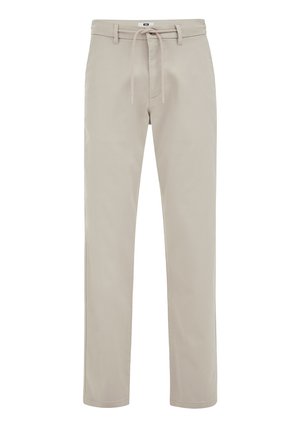 Beige egyenes szárú nadrág övbújtatókkal és elöl zsinóros megkötéssel, sima szövetből készült.