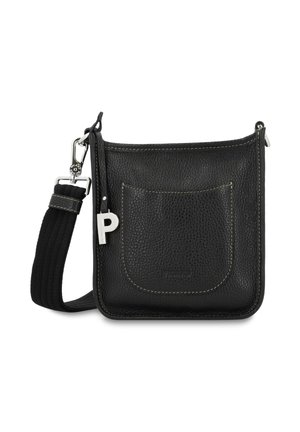 Black leather crossbody bag with textured surface, rounded edges, a front pocket, and a detachable, woven shoulder strap. Features silver hardware.