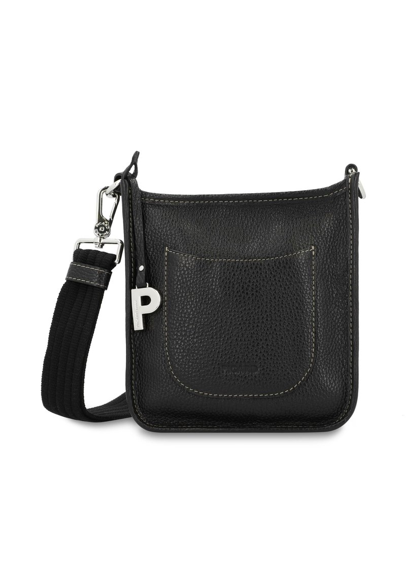 Schwarze Leder-Crossbody-Tasche mit strukturierter Oberfläche, abgerundeten Kanten, einer Fronttasche und einem abnehmbaren, geflochtenen Schulterriemen. Mit silbernem Beschlag.