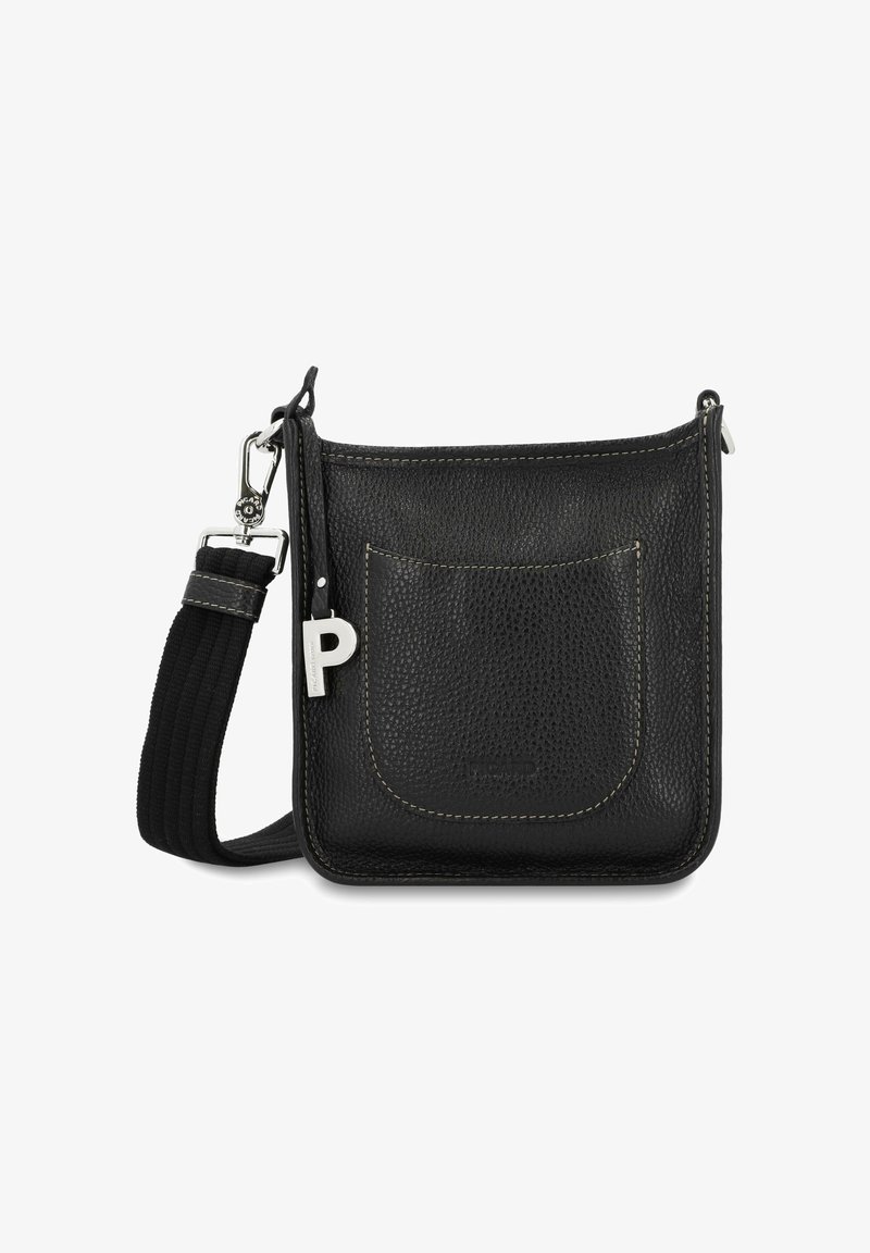 Schwarze Leder-Crossbody-Tasche mit strukturierter Oberfläche, abgerundeten Kanten, einer Fronttasche und einem abnehmbaren, geflochtenen Schulterriemen. Mit silbernem Beschlag.