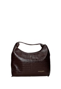 Bruine faux krokodilgecomprimeerde handtas met een gladde textuur, gebogen vorm en één schouderband. Bevat gouden branding aan de voorkant.