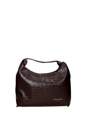 Borsa in ecopelle marrone con effetto coccodrillo, dalla texture liscia, forma curva e con una sola tracolla. Presenta il logo dorato sulla parte anteriore.