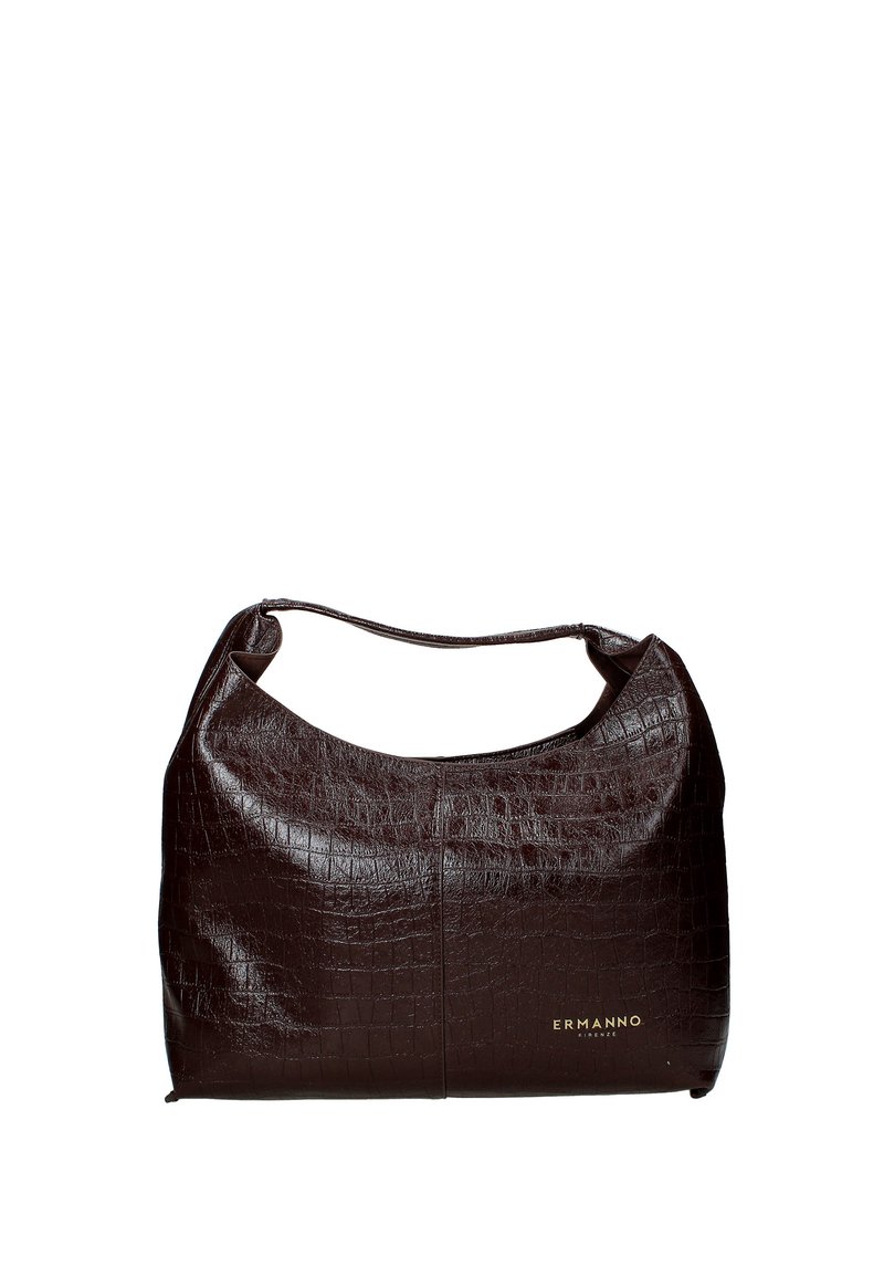 Bruine faux krokodilgecomprimeerde handtas met een gladde textuur, gebogen vorm en één schouderband. Bevat gouden branding aan de voorkant.