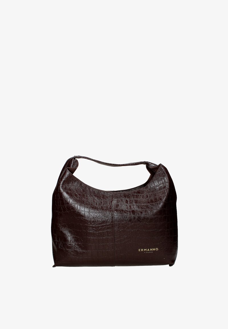 Bruine faux krokodilgecomprimeerde handtas met een gladde textuur, gebogen vorm en één schouderband. Bevat gouden branding aan de voorkant.