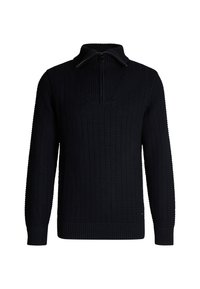 Strickpullover in Schwarz mit hohem Kragen und Halb-Reißverschluss-Design. Verfügt über eine gerippte Textur und enganliegende Bündchen, die eine strukturierte Silhouette bieten.