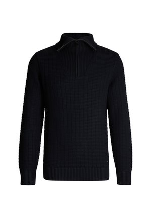 Strickpullover in Schwarz mit hohem Kragen und Halb-Reißverschluss-Design. Verfügt über eine gerippte Textur und enganliegende Bündchen, die eine strukturierte Silhouette bieten.