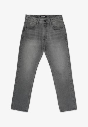 Gray denim jeans with a straight-leg cut, five pockets, and a button closure. Features subtle fading and stitching details.