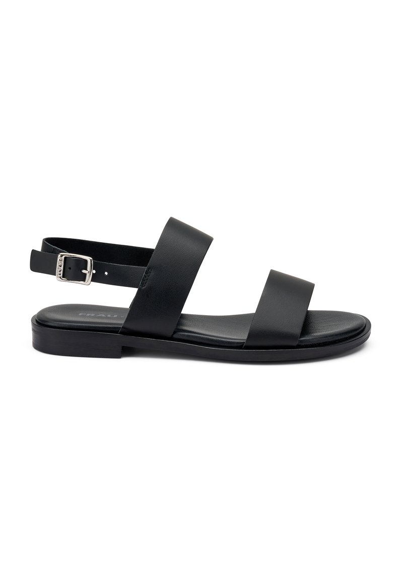 Sandali in pelle nera con due ampie cinghie e una cinghia alla caviglia posteriore con una fibbia argentata. Sole piatto con design minimalista.