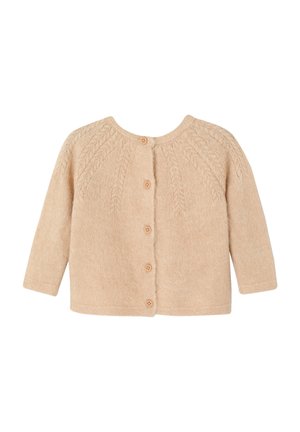 Beige knitted baby cardigan with long sleeves, five front buttons, and subtle cable knit pattern around the neckline.