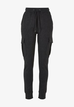 Tumedad hallid tööpüksid, millel on paelaga vöökoht, küljetaskud ja soonikkoes äärised. Pehme kangas siledast tekstuurist ja väljapaistvad õmblused.