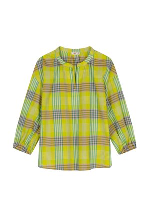 Geelgroene geruite blouse met lange mouwen, elastische manchetten en een ronde hals met een voorste split.