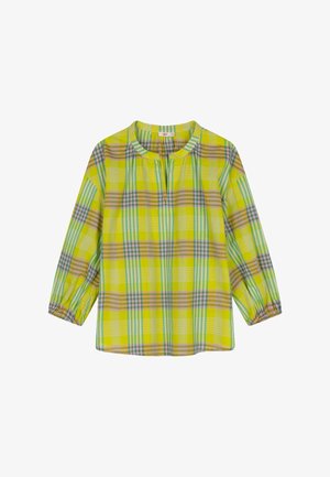 Geelgroene geruite blouse met lange mouwen, elastische manchetten en een ronde hals met een voorste split.