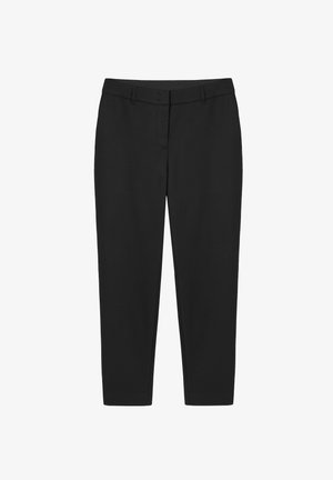 Mustat räätälöidyt suorat housut, joissa on sileä pinta, vyölenkit ja yksinkertainen edusta. Ei näkyviä taskuja tai kuvioita.