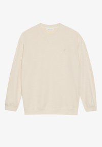 Kremfarget sweatshirt med rund hals, lange ermer, strukturert stoff og en liten brodert logo på brystet.