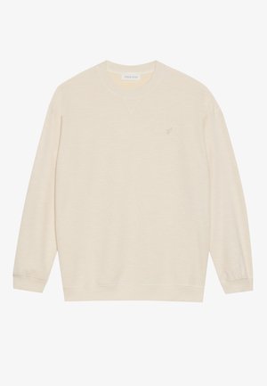 Cremefarbener Sweatshirt mit Rundhalsausschnitt, langen Ärmeln, strukturiertem Stoff und kleinem gesticktem Logo auf der Brust.