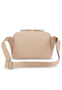 Borsa a tracolla beige con finitura liscia, parte superiore con doppia cerniera e tracolla texturizzata con logo in colore contrastante.