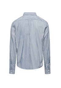 Camicia a maniche lunghe a righe con un motivo a righe verticali blu e bianche, colletto classico con bottoni e polsini abbottonati con orlo arrotondato.
