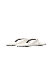 White flip-flops with a wavy textured sole, contrasting black trim and speckled detailing, featuring thin, flexible straps.