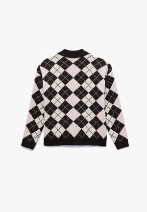 Maglione a righe argyle nei colori nero, rosa e bianco, con maniche lunghe, colletto e polsini a coste. Realizzato in tessuto a maglia testurizzato.