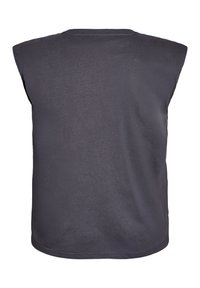 Sleeveless dark gray shirt made from soft fabric, featuring a round neckline and a simple design, with a smooth texture and finished edges.