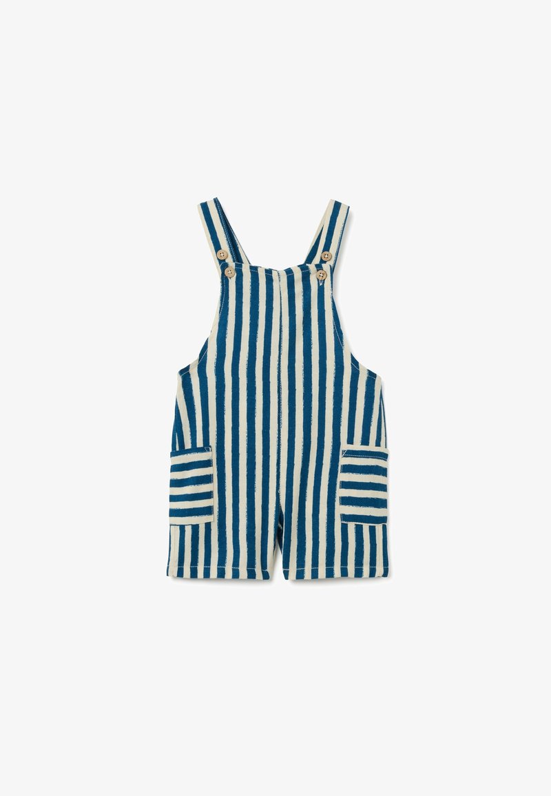 Salopette a righe in blu navy e crema, realizzata in cotone, con spalline regolabili, bottoni di legno e tasche anteriori. Lunghezza corta.