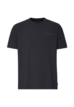 Schwarzes Sport-T-Shirt mit kurzen Ärmeln und Rundhalsausschnitt sowie kleinem "Vaude"-Logo auf der Brust vor einem schlichten weißen Hintergrund.