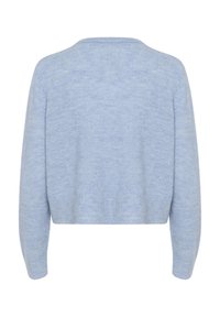 Heleda sinine lühike särk, mis on valmistatud pehmest materjalist, pikad käised ja soonikkoes äär. Lihtne, puhas disain ilma nähtavate kaunistusteta.
