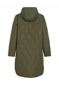 Πράσινο ελιάς, μακρύ πάλλευκο παλτό με κουκούλα, που διαθέτει υφή απαλής υφής και χαρακτηριστικό κυματιστό μοτίβο σε όλο το ύφασμα.