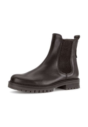 Bottine noire en cuir avec panneau latéral élastique, languette au talon, bout rond et semelle épaisse à crampons.