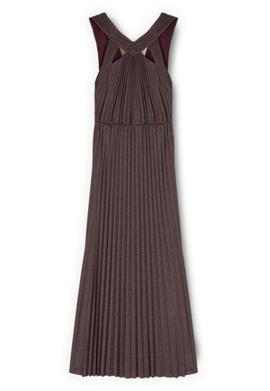 Robe longue sans manches violet foncé plissée, avec des bretelles croisées et un détail plissé au niveau du corsage.