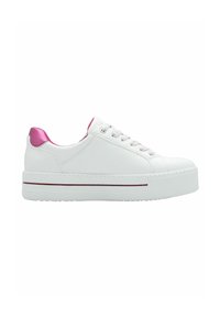 White sneaker with pink accent on the heel, round toe, textured sole, and eyelet lace-up closure. Smooth synthetic material throughout.