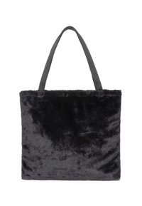 Borsa tote in pelliccia sintetica nera con manici in tessuto grigio; forma rettangolare e superficie morbida e testurizzata. Senza elementi di hardware visibili o motivi.