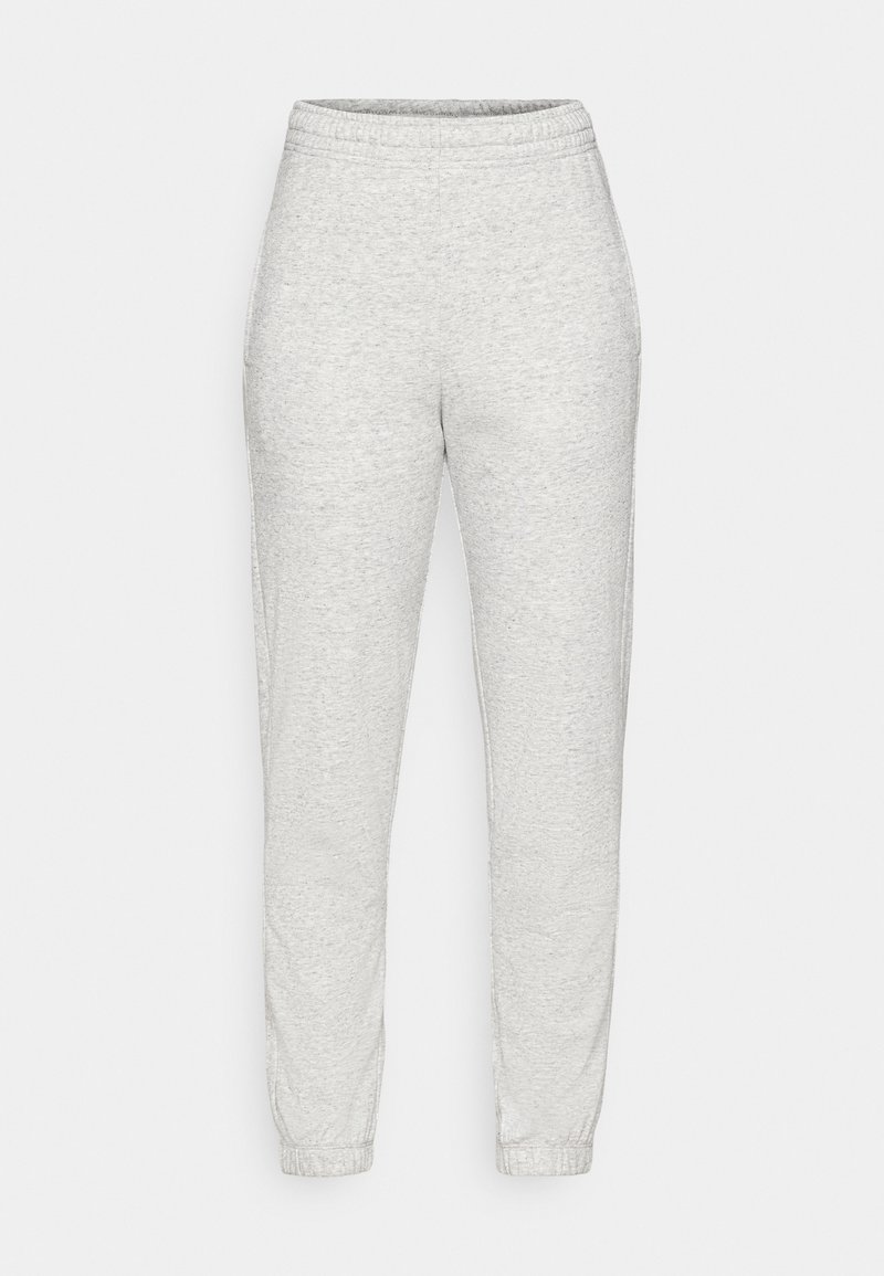 Hellgraue Sweatpants aus weichem, strukturiertem Stoff. Mit elastischem Bund und schmal zulaufenden Beinabschlüssen. Einfaches Design ohne Taschen oder Muster.