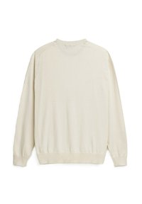 Maglione di colore crema, lavorato a maglia, con scollo rotondo, maniche lunghe, polsini e orlo a coste, con dettagli di cucitura sottili sul retro.