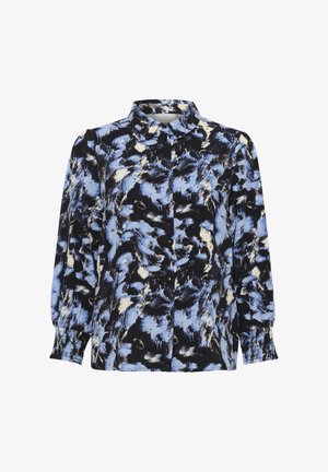 Hosszú ujjú blúz merész kék, fekete és krém színű absztrakt mintával. Puha anyag, gombos elejével és ráncolt mandzsettával.
