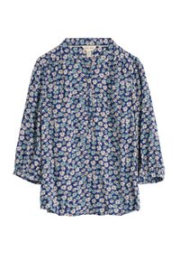 Chemise florale avec un fond bleu, ornée de marguerites blanches et orange. Manches longues, design avec col, tissu léger avec une texture subtile.