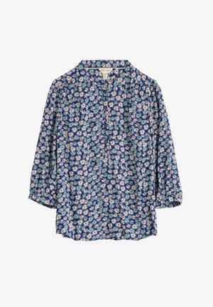 Koszula w kwiaty na niebieskim tle, z białymi i pomarańczowymi stokrotkami. Długie rękawy, kołnierzyk, lekki materiał o delikatnej fakturze.